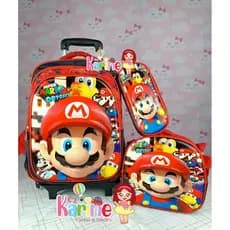 KIT MOCHILA ESCOLAR INFANTIL SUPER MARIO 3D RODINHAS/COSTAS/MOCHILA LANCHEIRA TÉRMICA ESTOJO/MOCHILA MENINO/SUPER MÁRIO