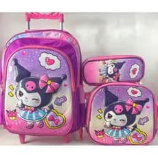 KIT MOCHILA ESCOLAR INFANTIL DE RODINHAS KUROMI HELLO KITTY 3D COM RODINHAS/ MOCHILA LANCHEIRA TÉRMICA ESTOJO/MOCHILA