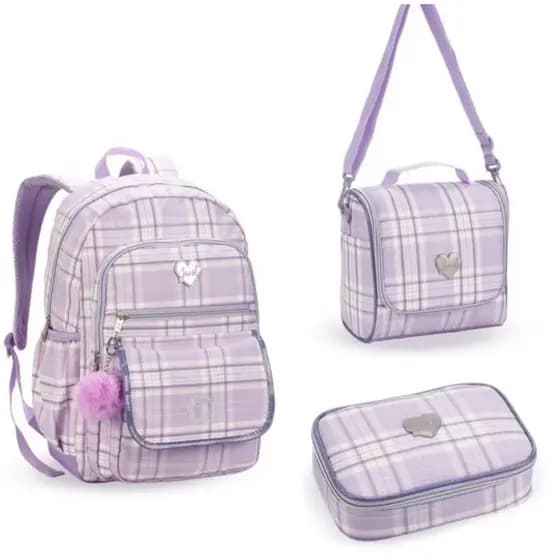 KIT MOCHILA DE COSTA + LANCHEIRA + ESTOJO FEMININA JUVENIL XADREZ LISA DENLEX/MOCHILA JUVENIL/MOCHILA PARA MENINA DENLEX