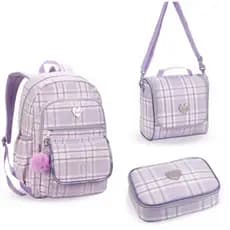 KIT MOCHILA DE COSTA + LANCHEIRA + ESTOJO FEMININA JUVENIL XADREZ LISA DENLEX/MOCHILA JUVENIL/MOCHILA PARA MENINA DENLEX