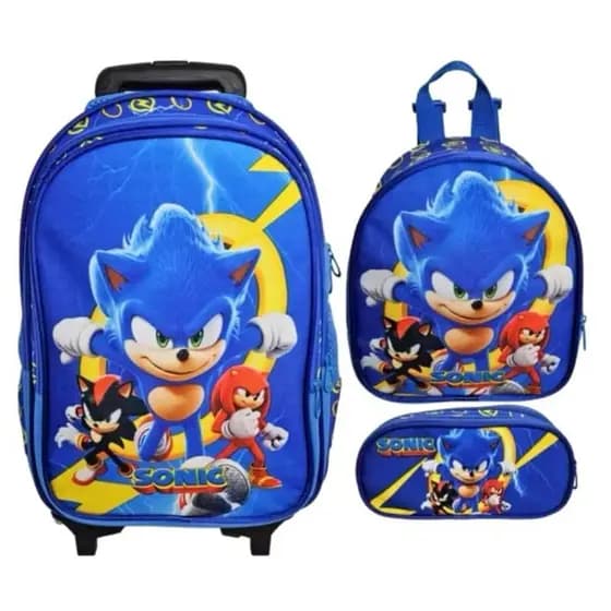 Kit Mochila  Escolar com Rodinhas SONIC + Lancheira + Estojo/ MOCHILA PARA MENINO/ MOCHILA SONIC/ MOCHILA DE RODINHAS