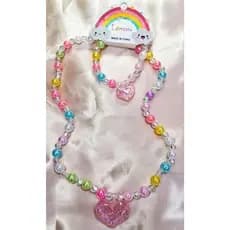 Kit Colar + Pulseira Infantil Miçangas Rosa com Pingente de Coração Glitter | Bijuteria Feminina infantil