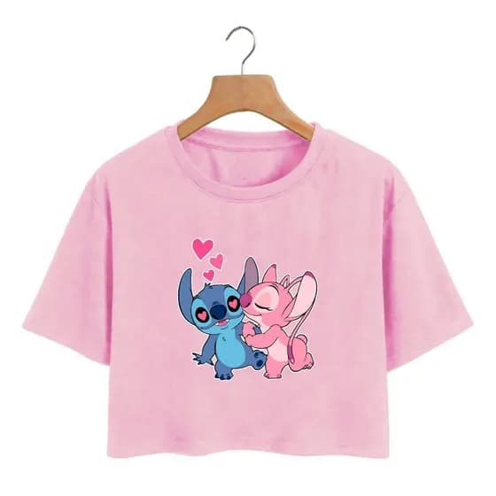Blusa Cropped Feminina Manga Curta Verão Blogueira Estampa Casal Apaixonado Sti  tch