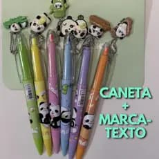 Caneta 2 em 1 Gel + Marca Texto do PANDA - Papelaria Fofa