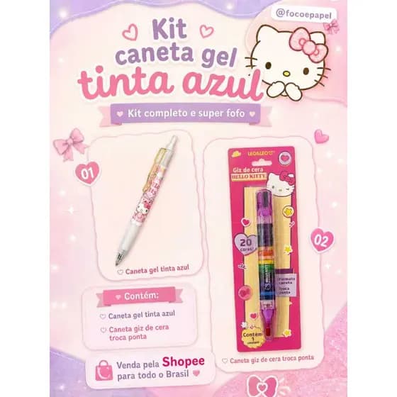 Kit Hello Kitty - Caneta gel 0,5 + Caneta giz de cera.