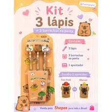 Kit Estudos Capivara - 3 Lápis + 3 borrachas topo + Apontador 2 em 1.