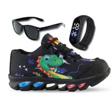 Kit Tênis De Led Infantil Menino Masculino Dinossauro + Relógio + Óculos