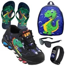 Kit Tênis De Led Infantil Menino Masculino Dinossauro + Chinelo + Mochila + Óculos + Relógio