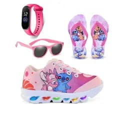 Kit Tênis Com Led Stitch Rosa com Chinelo, Relógio e Óculos