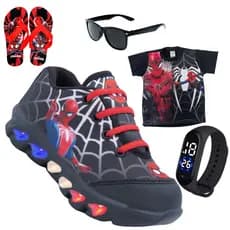 kit tenis de LED infantil Homem Aranha masculino mais chinelo mais camisa mais relogio e oculos presente natal