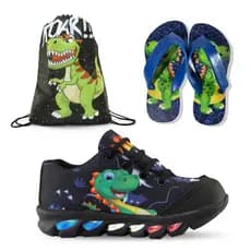 Kit Escolar e Casual Tênis de Led com Mochila e Chinelo do Dino