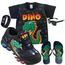 Kit tenis de LED infantil Dinossauro masculino mais Chinelo mais Camisa mais relogio e oculos