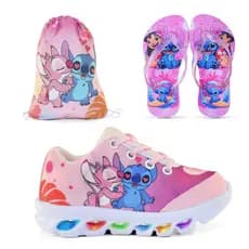 Kit Tênis de Led Mochila e Chinelo Infantil Divertido e Uso Escolar
