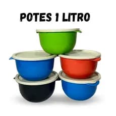 Jogo 5 Pote Plásticos 1 Litro Cumbuca Bowl Colorido com Tampa