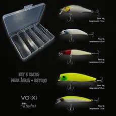 Kit 5 Iscas Artificiais Meia Agua c/ Estojo Tucunaré Traira Dourado Corvina Alta Qualidade Promoção