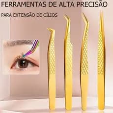 Pinça para Extensão de Cílios Dourada Alta Precisão com Estojo de Couro para Profissionais e Iniciantes