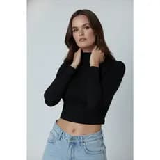 Croped Cropped Gola Alta Manga Longa Camisa Blusa Moda Feminina