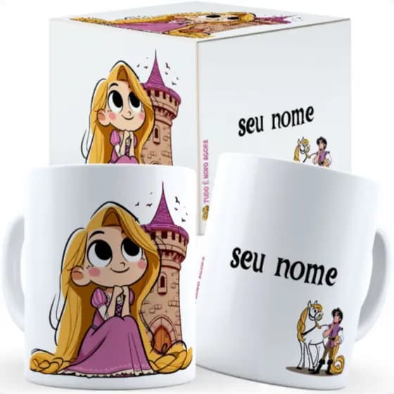 Caneca Rapunzel Flynn Fofa Com Nome - Caixa Personalizada