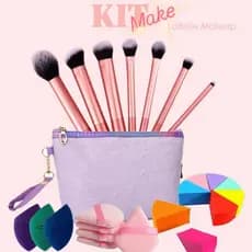 Kit com Necessaire, Esponjas para Base e Pó, Pincel kabuki 18 Peças Kit Para Viagem e Maquiagem
