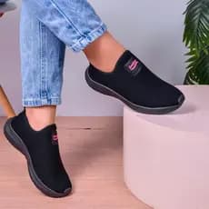 Tenis Meia Feminino Preto Pink Fugees Slip On Confortavel Caminhada Academia Calce Fácil Casual Prom