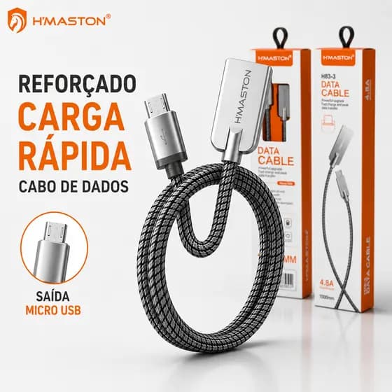 Cabo Micro USB V8 Metal Reforçado H’Maston 1 Metro Metal Original Carga Rápida para Samsung Motorola