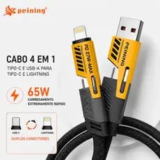 Cabo Turbo 4 em 1 Peining PEI-J80 65W PD 27W Reforçado USB-C Lightning 1 Metro para Celular Notebook Carregamento Rápido