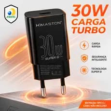 Carregador Fonte Rápido 30W Tipo C H'maston Homologado Anatel Compatível com Celulares