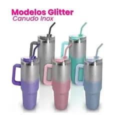 Copo Garrafa Térmico Glitter Com Alça Canudo Inox Academia Trabalho Copo Virginia