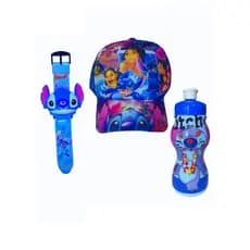 Kit 1 Relogio Projetor Stitch e Boné 1 Garrafa Squeeze Relógio Digital Led Infantil Stitch Menina