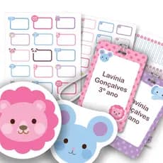 Etiquetas Escolares Meninas Safari Rosa com 2 Tags Mochila