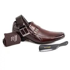 Kit 4x1 Sapato Masculino Social Rafarillo Em Couro Marrom 34011-01 Cinto Meia Calçadeira