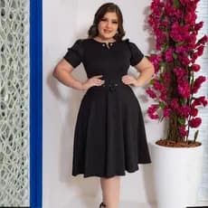 Vestido Alice Preto Godê Com Cinto Modelo Evangélico Rodado Broche Pérola