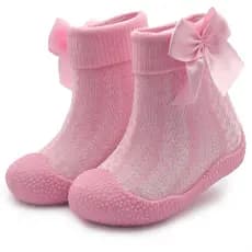 Meia Com Sola Antiderrapante Infantil Bebê Menina Laço Primeiros Passos Rosa Branca Preta Marfim