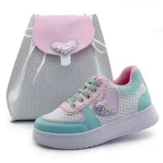 Kit Tênis Calce Fácil Menina Infantil Com Bolsa Antiderrapante Coração Branco/Tiffany BB&Kids