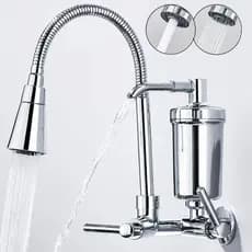 Torneira Gourmet Com Filtro Purificador de Água Flexível Pia Cozinha Bica De Parede 2 Jatos Cor Prateada Linha Premium -