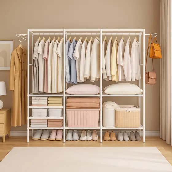 Arara De Roupa Tripla Com Sapateira Cabideiro De Chão Rack Organizador Multiuso Chão Fácil Montagem