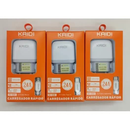 Carregador 2.4A 2 USB Com Cabo V8(Micro USB)/Tipo C/iPhone KAIDI KD-556