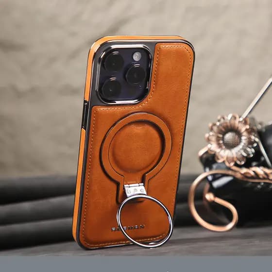 Capa De Anel De Dedo De Metal Magnético Forte Para iPhone 17 16 15 14 Pro Max 11 12 13 Invólucro De Couro De Luxo Sem Fi