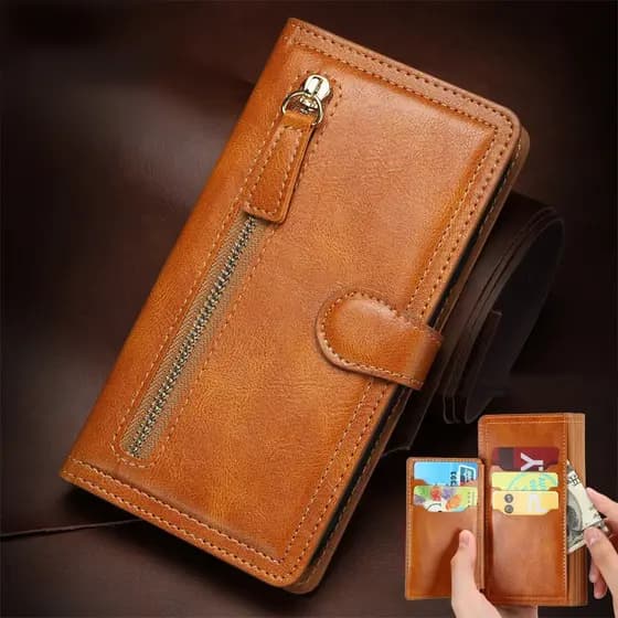 Capa Tipo Carteira Com Zíper Magnético Para iPhone 17 16 Pro Max 11 12 13 14 15 7 8 Plus XR XS Luxo Retro Couro Slots Vá