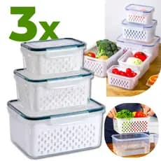 Kit 3 Potes Herméticos Travas Laterais E Cesto Escorredor Organizador De Geladeira E Frezzer Linha Premium