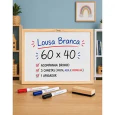 Lousa Quadro Branco Moldura Madeira 60x40 Apagador 3 Canetas