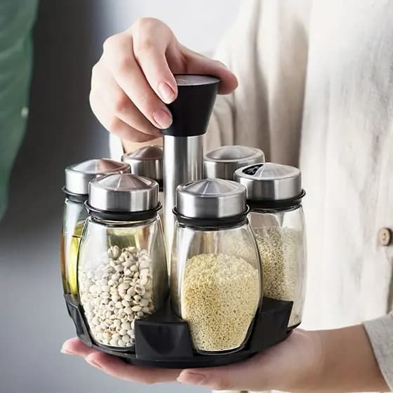 Porta Tempero Giratório Especiarias Inox Com 7 Peças Para Cozinha Pote de Vidro Para Temperos