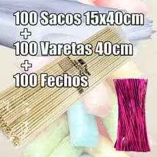 Kit 100 unid Saco cristal 40x15cm + Vareta Espeto 40cm Para Algodão Doce  + fecho aramado PINK
