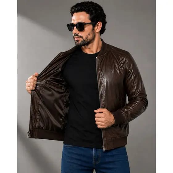 Jaqueta de Couro Bovino Legítimo Masculina Bomber Universitária Premium Chiarelli Couros Marrom