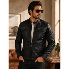Jaqueta de Couro Legítimo Vintage Vibe para Motociclista com Proteções Acolchoadas - Preto e Marrom