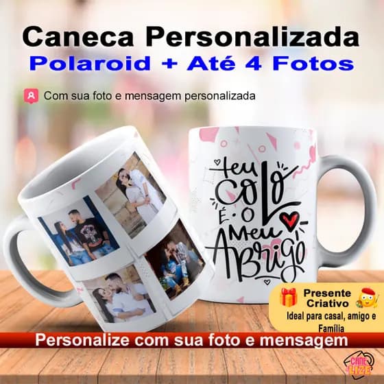 Caneca de Porcelana Personalizada com Foto Polaroid, Até 4 Fotos na Caneca, perfeita para presente e decoração