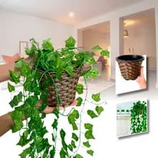 Planta Decorativa + Vaso Trançado Marrom 3 Pendentes Artificial Folhas de Hera Begonia Jiboia