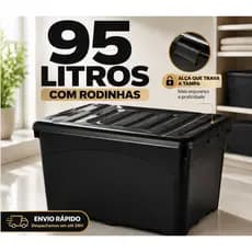 Caixa Organizadora 95 Litros Com Tampa Travas Rodinhas Reforçada Multiuso Preta