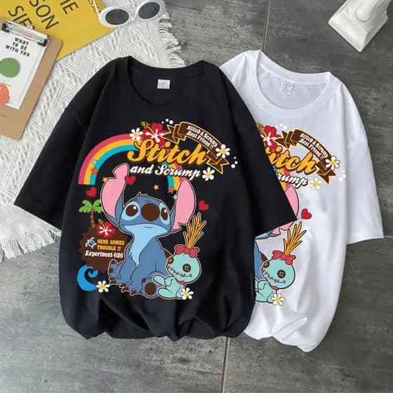 Novo Disney Stitch T-shirt Feminina Desenho Animado De Verão Camiseta Moda Masculina E Com A Mesma Branca Venda Quente