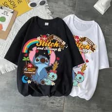 Novo Disney Stitch T-shirt Feminina Desenho Animado De Verão Camiseta Moda Masculina E Com A Mesma Branca Venda Quente